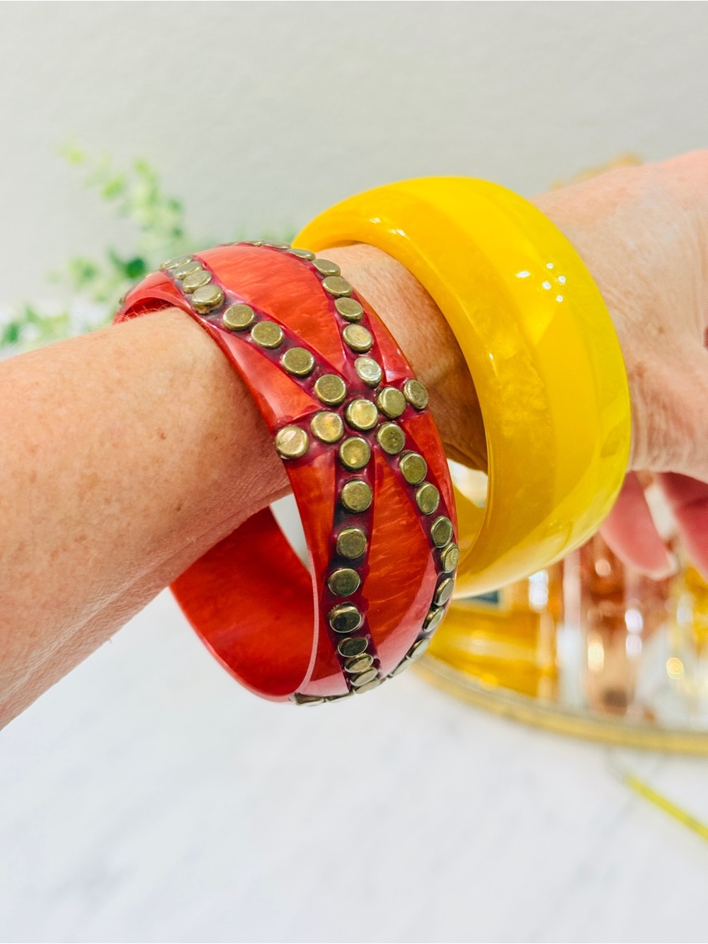 Vintage Lucite Bold Yellow and Red & Brass Studs Bangle Bracelet Set